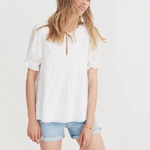 Madewell White Embroidered Pintuck Peasant Top